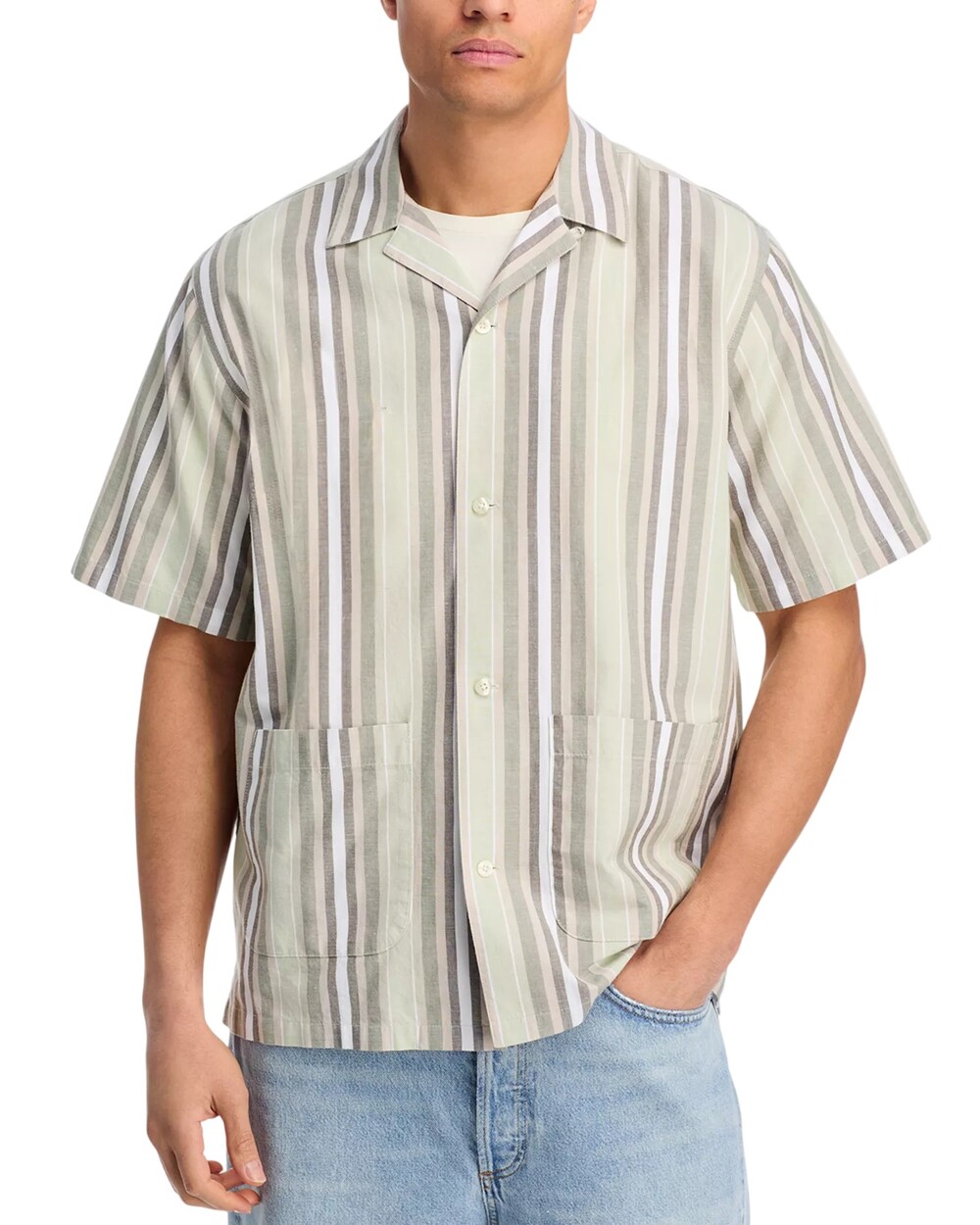 Carhartt WIP Camp Shirt Mens Small Green Stripe Cotton Linen Button Folsey $158